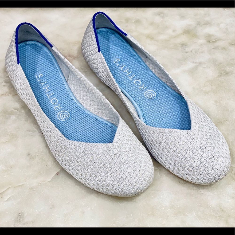 Rothy's White Knit Flats with Light Blue Insole and Royal Blue Trim